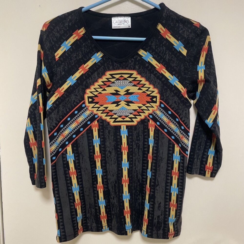 Cactus Bay Womens Boho Aztec Print Top V Neck Black Blue Shirt 3/4 Sleeve Small